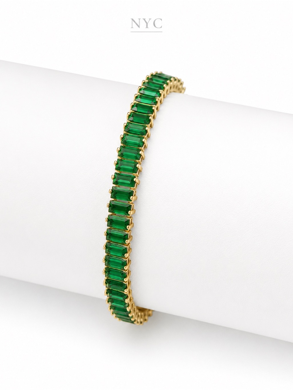NYC Gold Tennis Bracelet with Emerald Green Baguette Stones